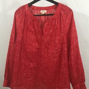 * style & co. long-sleeve red cotton v-neck top,  size XL, w/metallic threading